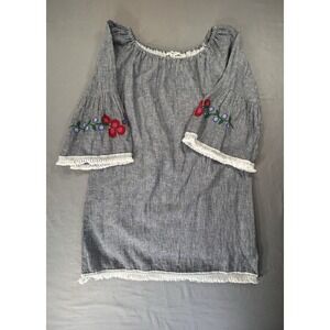 Beach Lunch Lounge Striped Linen Dress Embroidered Sleeve Women's Small Casual